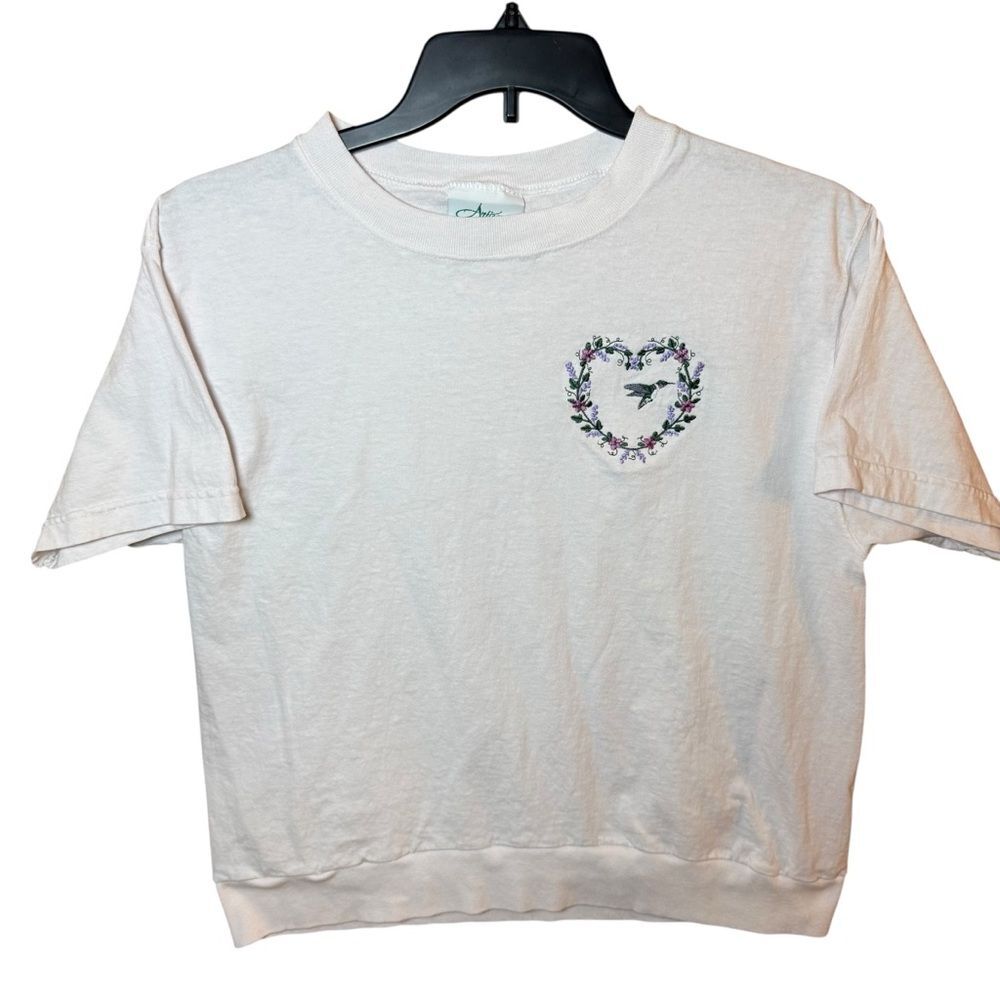 Vtg 90s Artisans Single Stitch Hummingbird Floral Heart Embroidered T-Shirt- L